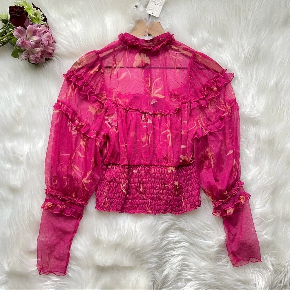 Free People Time For Shine Mesh Top Floral Cropped M NWT